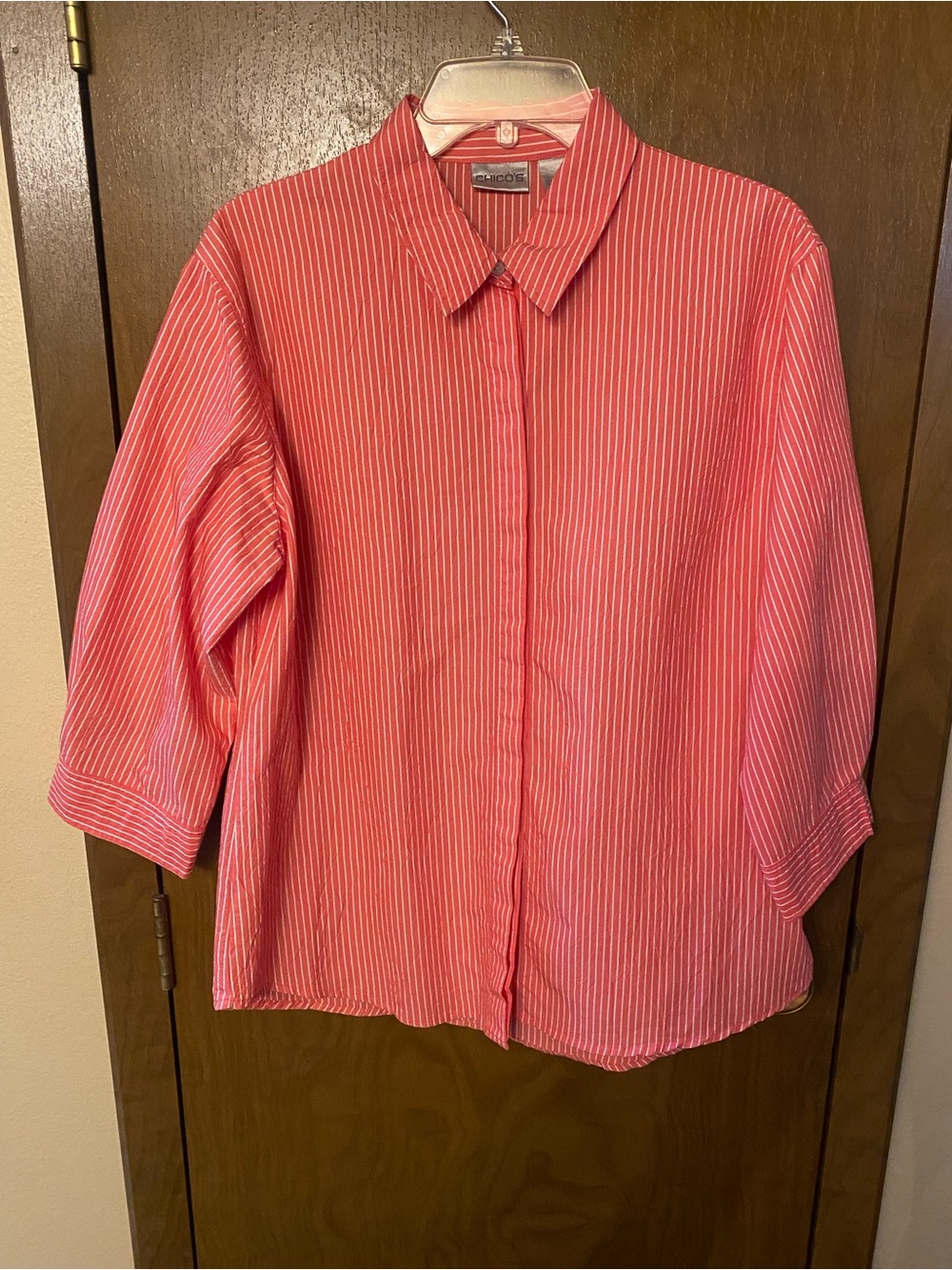 Chico's Coral Pink Pinstripe Button-Down Shirt